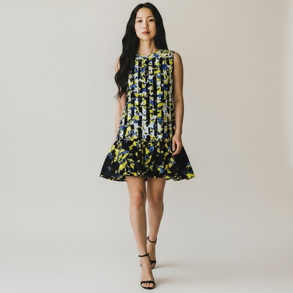Peter Pilotto Dress Women M Yellow Blue Floral Stripe Ruffle Mini Elegant Chic